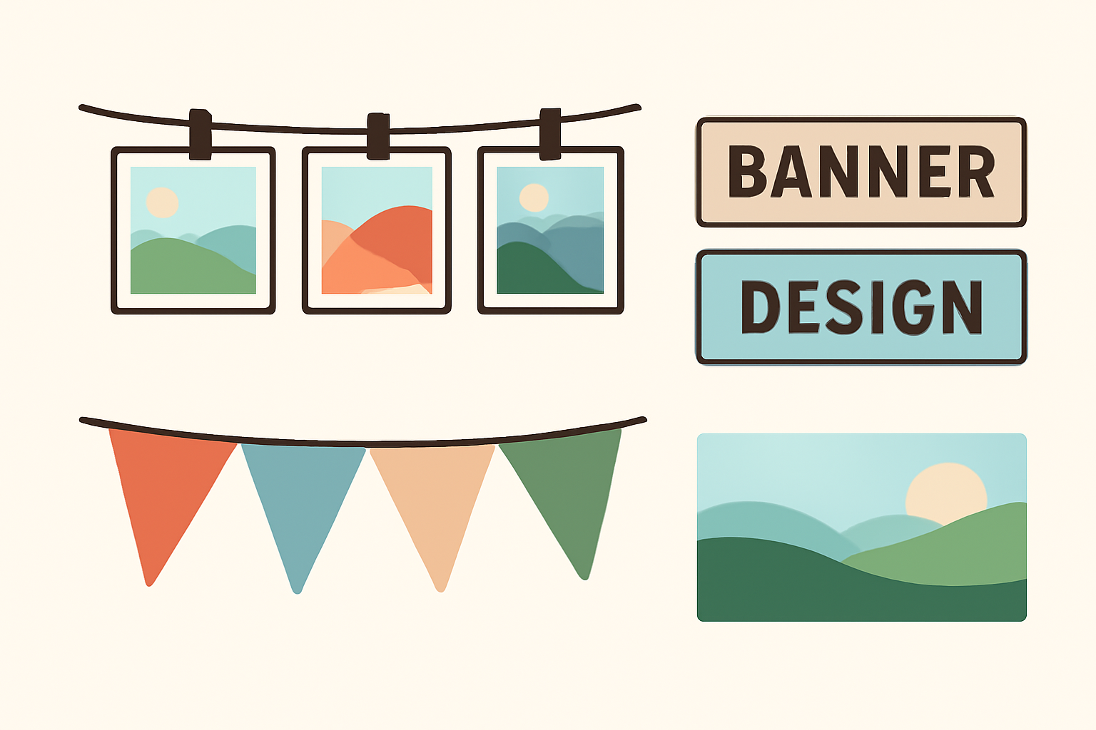 Four banner layouts: photo string, labeled banner tiles, pennant row and a landscape headline