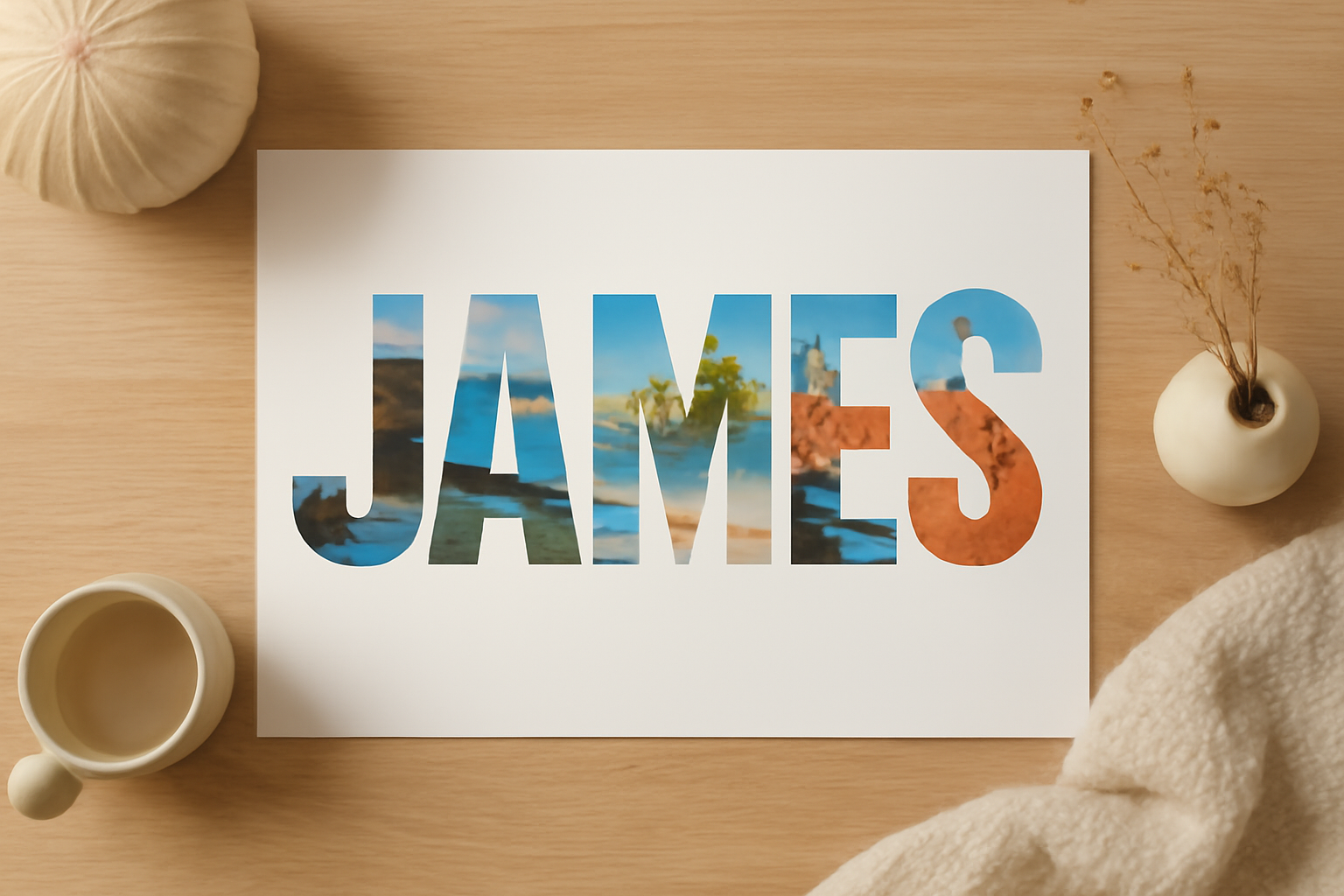 A name printed as a poster with each letter filled by a different photo