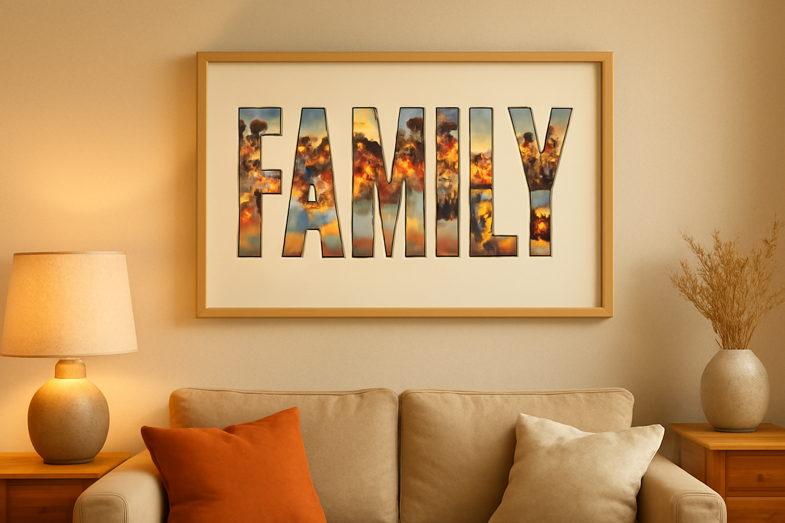 FAMILY word art framed on a living room wall