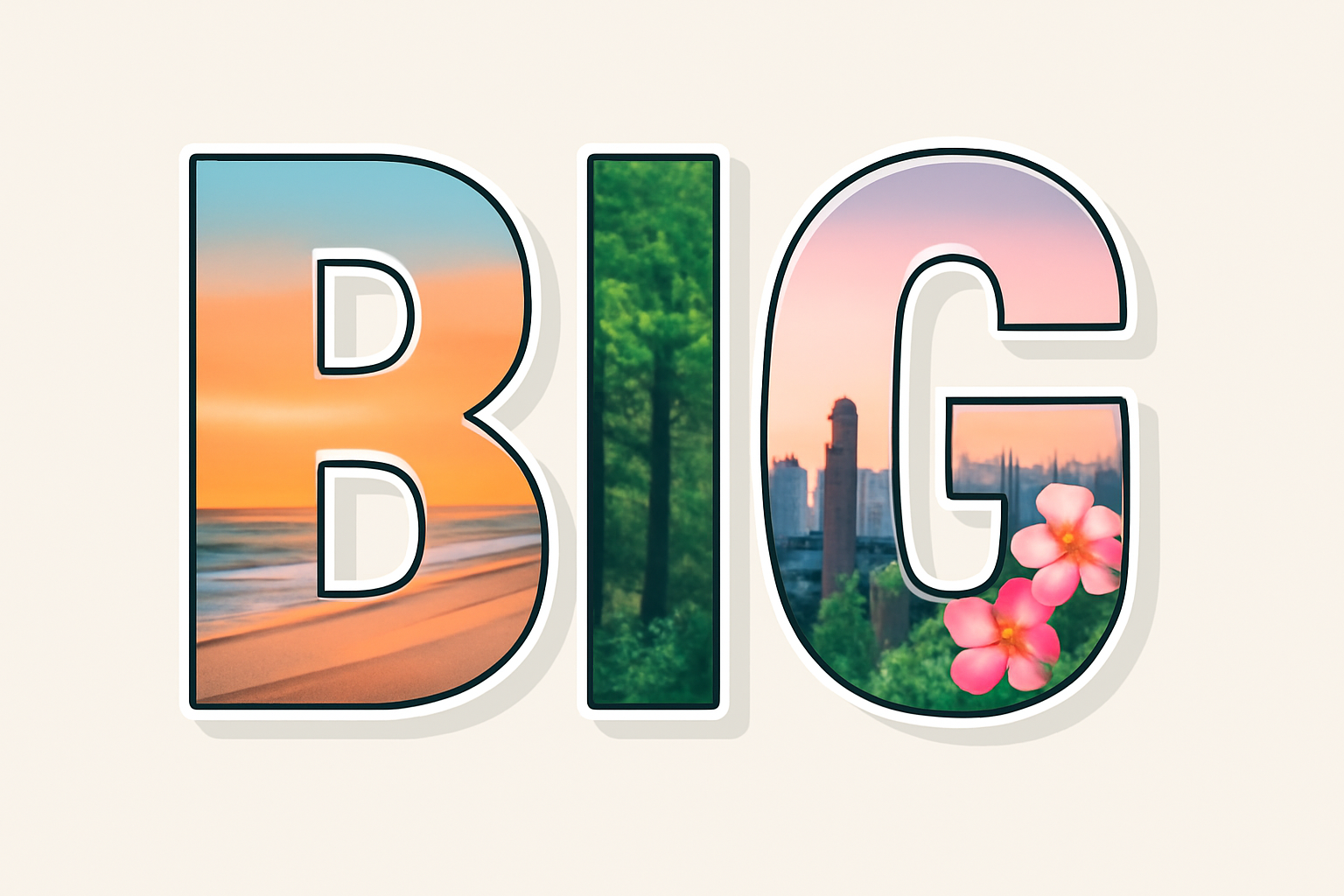 Big letters each filled with a different scenic photo and outlined