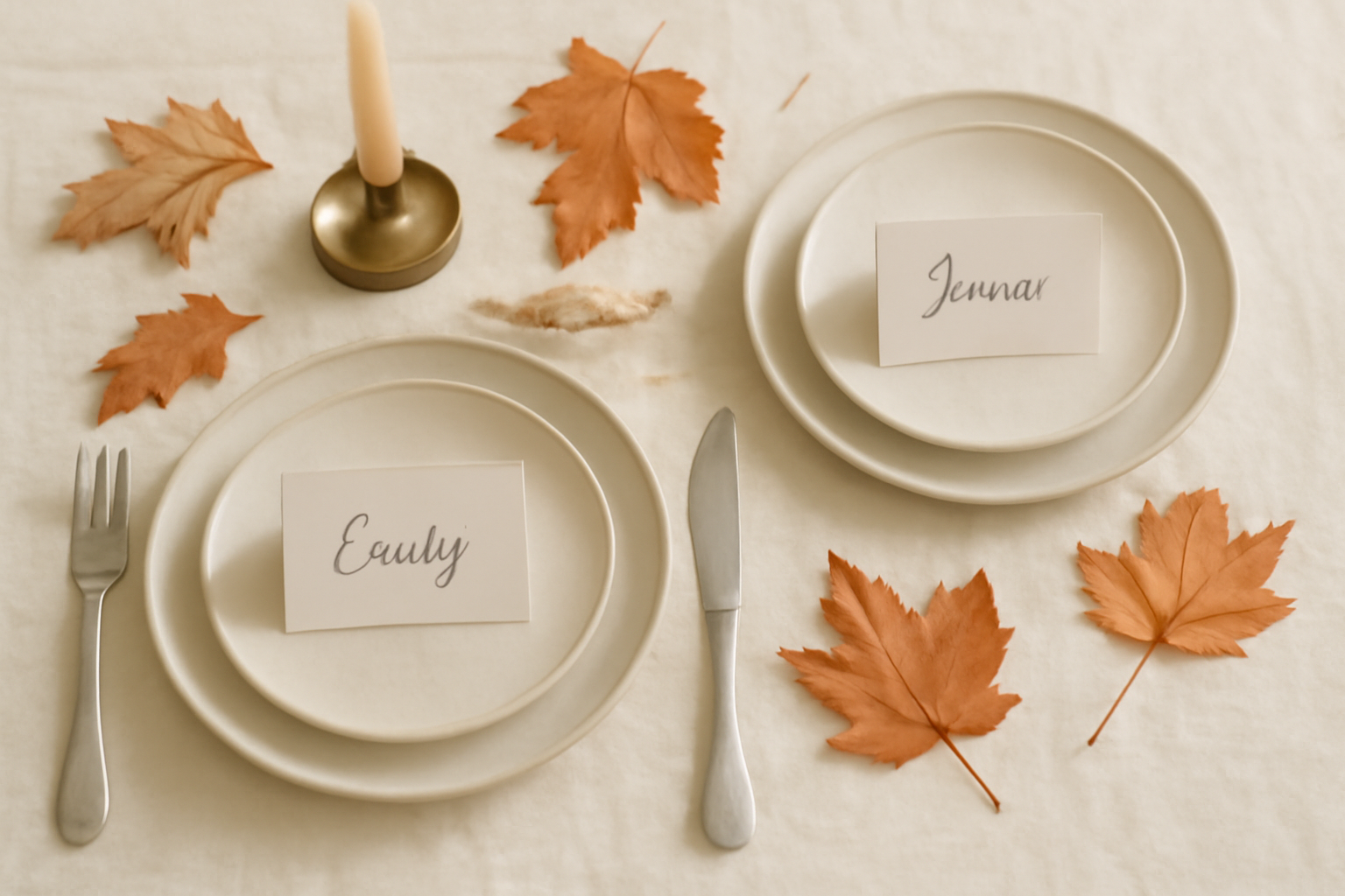 Autumn table setting with folded place cards, dried leaves and a brass candle holder