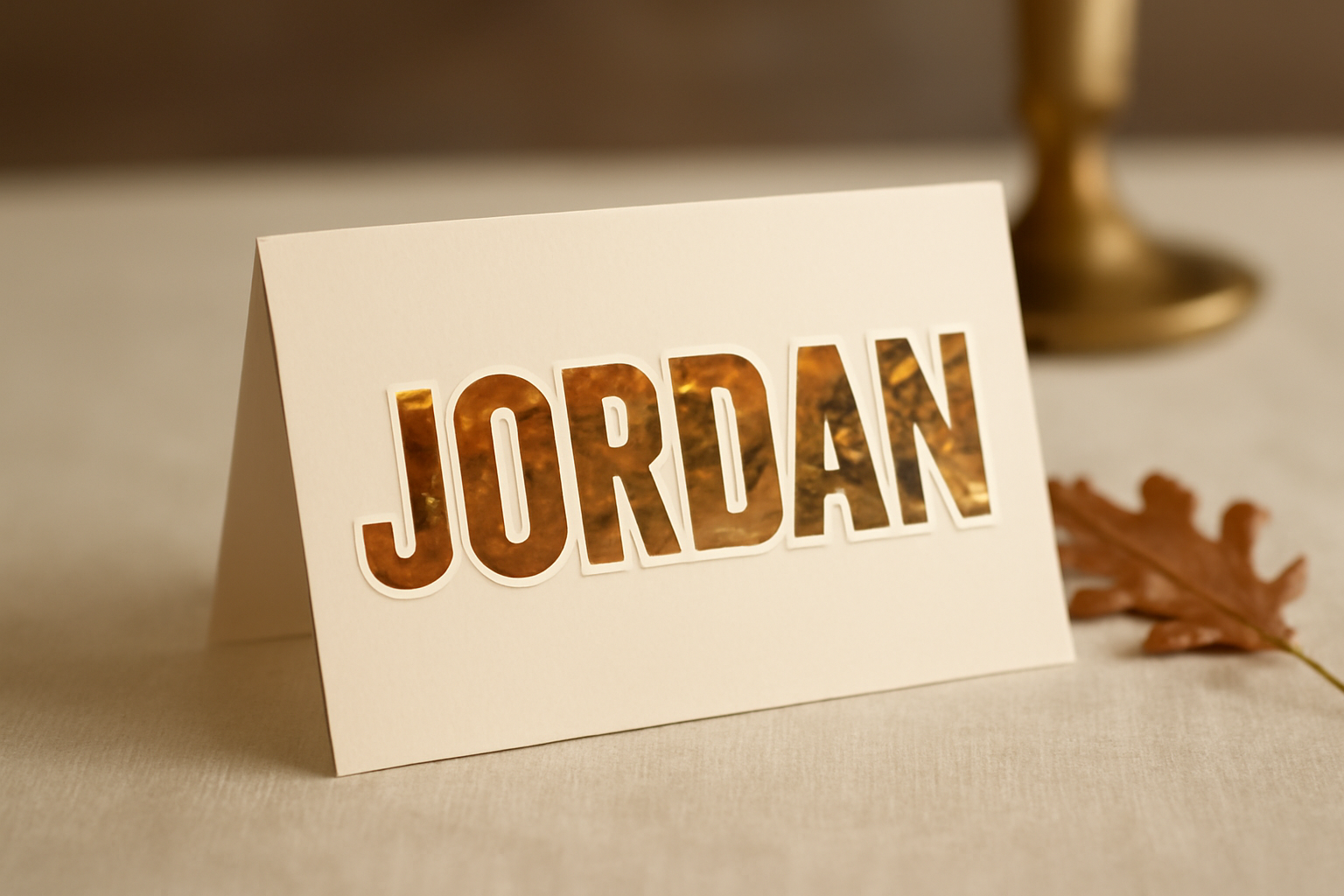 Close-up of a folded place card with the guest name filled with autumn foliage photography