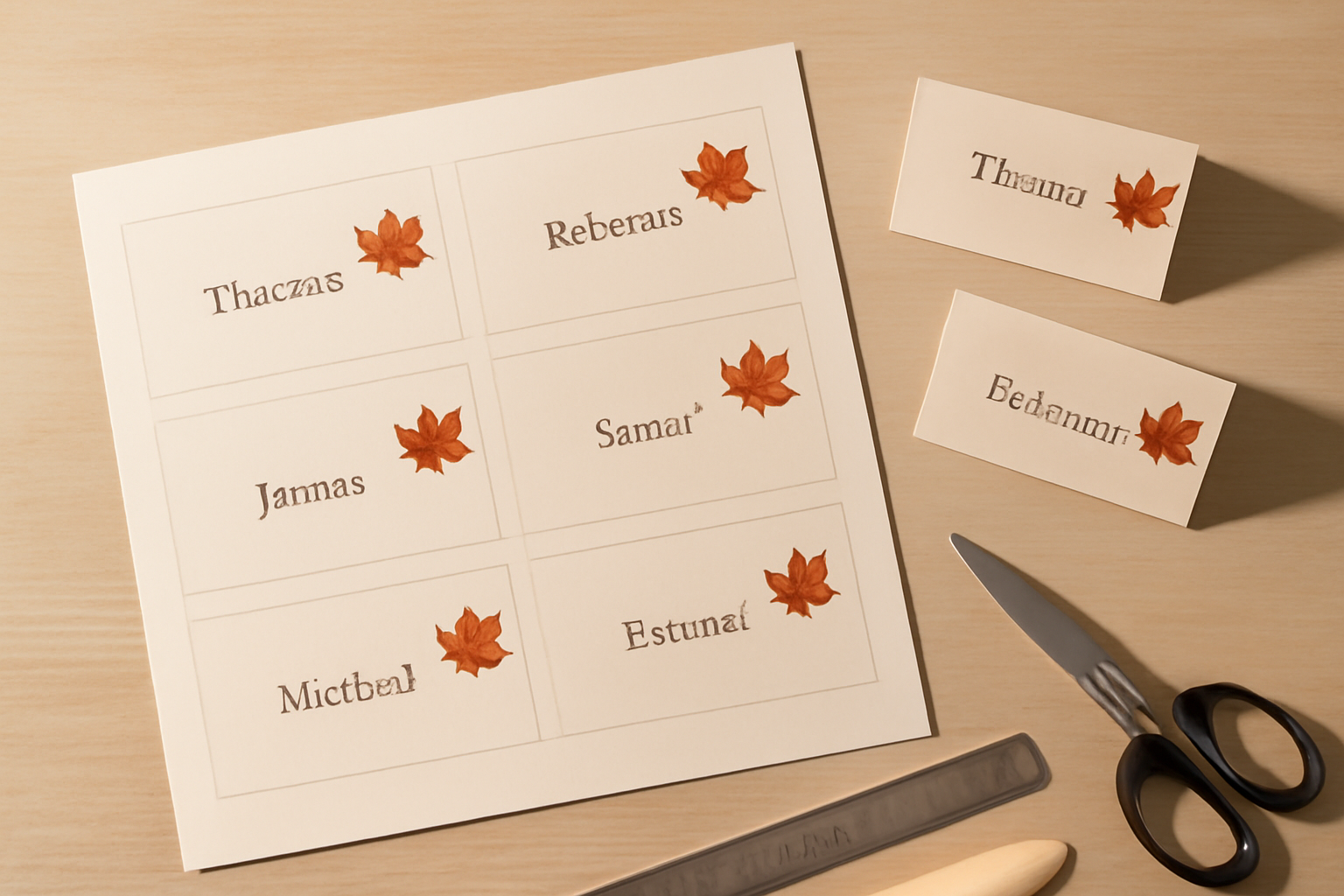Printed sheet of place cards on a desk with scissors, ruler and two folded cards