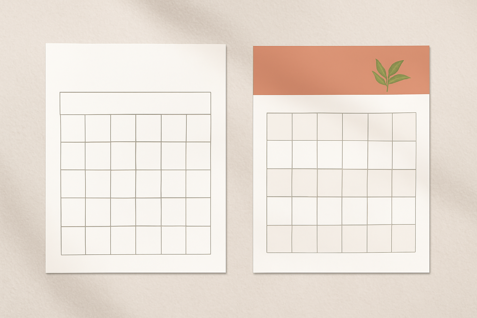Two printable calendar sheets side by side — one plain black-and-white grid, one styled with a coloured header bar and botanical detail