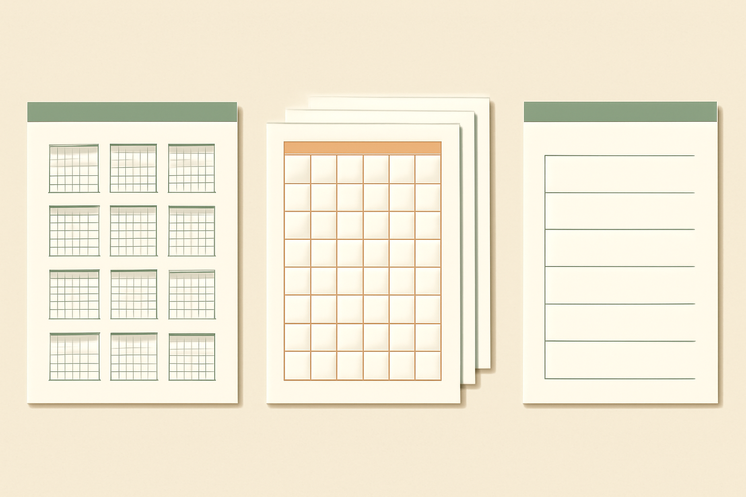 Three calendar layouts compared — a year-at-a-glance sheet, a stack of twelve monthly pages, and a weekly planner sheet