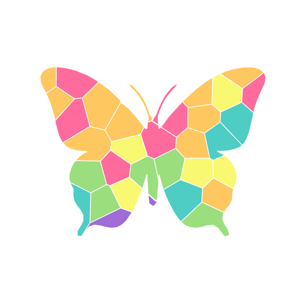 A 34-piece butterfly mosaic sticker template in a rainbow palette