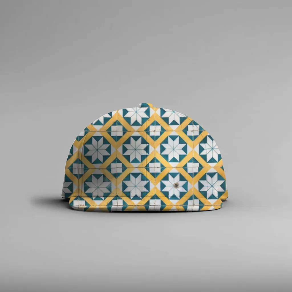 MockupPress render: star tile pattern on a white baseball cap