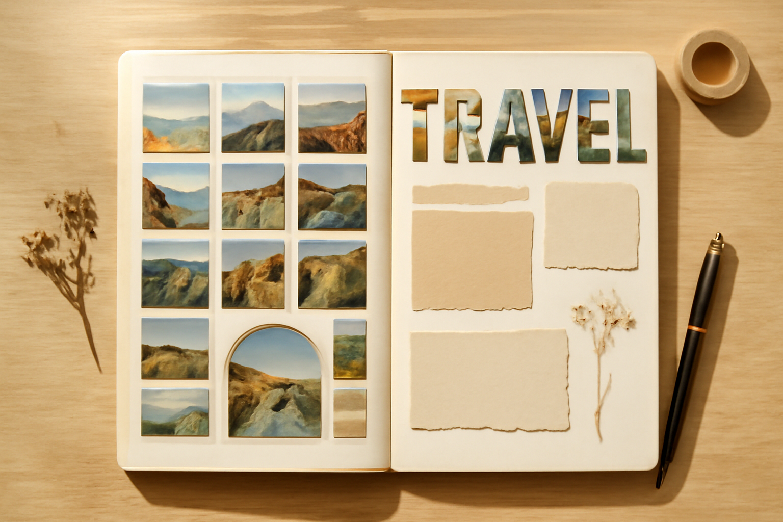 Open scrapbook spread with a photo grid, arched panel and a photo-filled title word