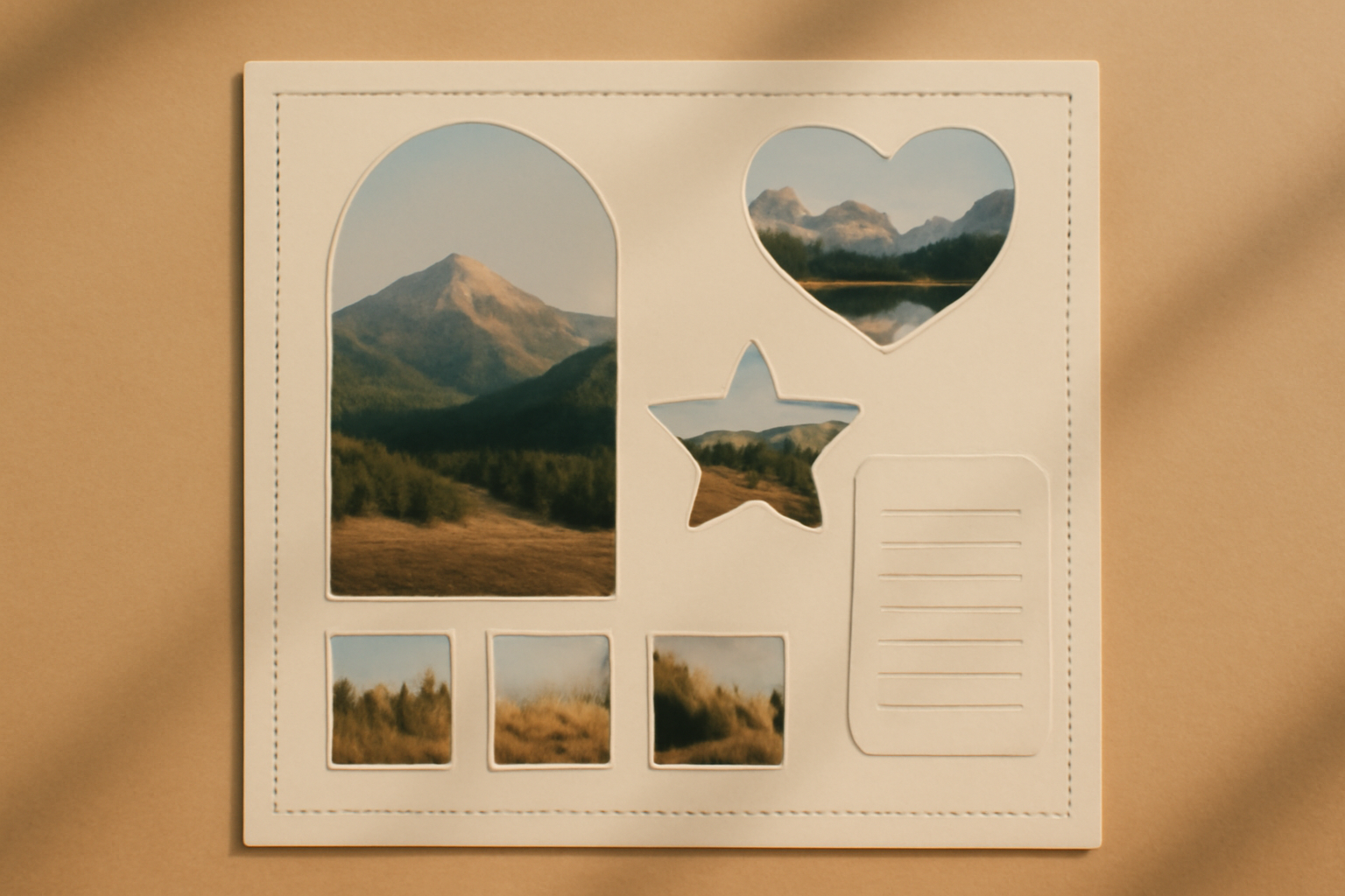 Scrapbook page with an arched photo panel, heart and star photo cut-outs, a small photo grid and a journaling card