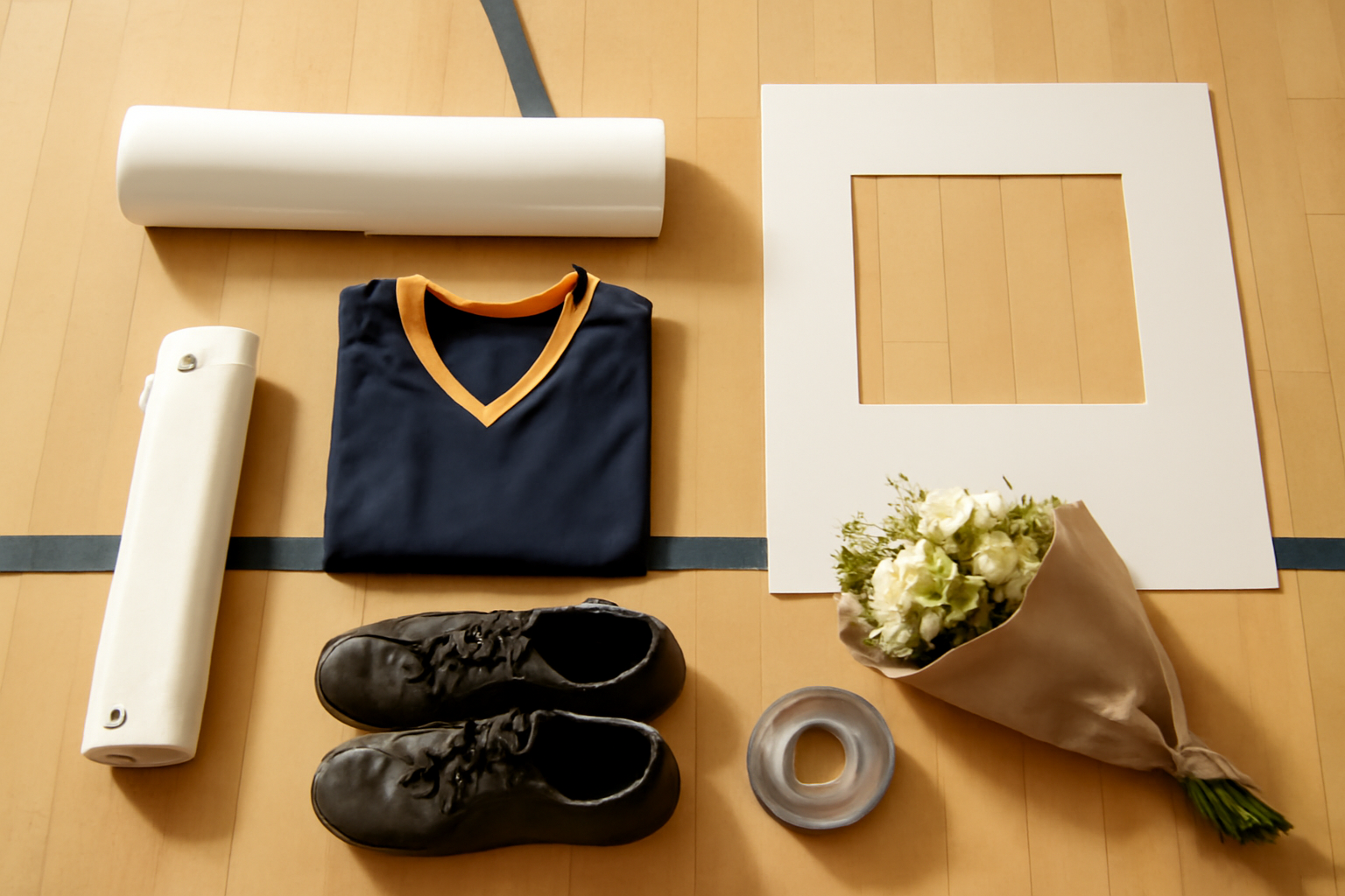 Flat lay on a gym floor: a rolled blank vinyl banner, a folded navy and gold jersey, a bouquet, cleats, gaffer tape and a blank poster board with a cutout window