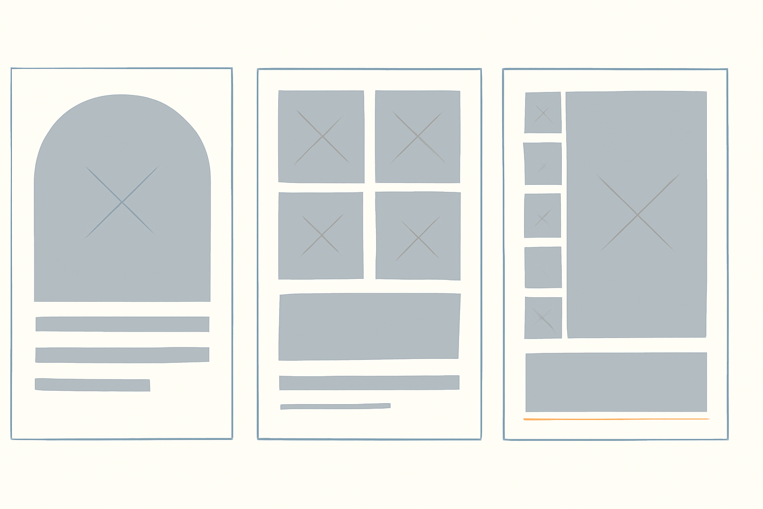 Three blank poster layout skeletons: an arched hero panel with caption bars, a two-by-two grid over a wide panel, and a full-bleed panel with a vertical strip of four small panels