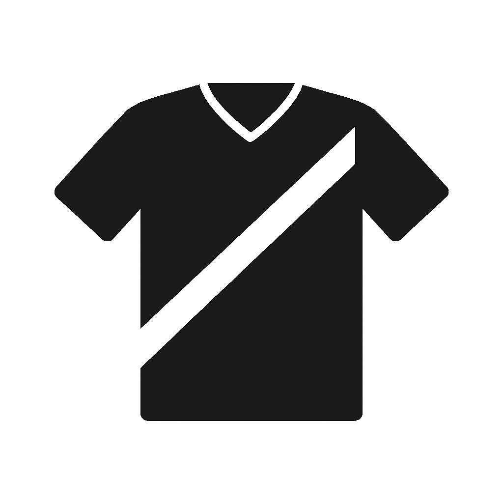 A solid black silhouette of a V-neck sports jersey with a diagonal stripe, centred on white