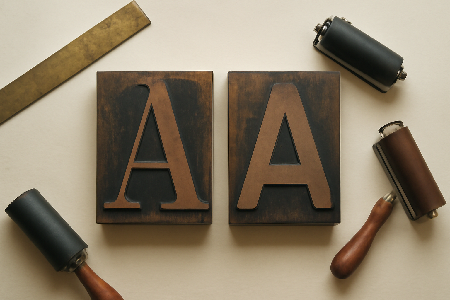 Two wooden printing blocks side by side, one carved with a serif letter and one with a sans serif letter