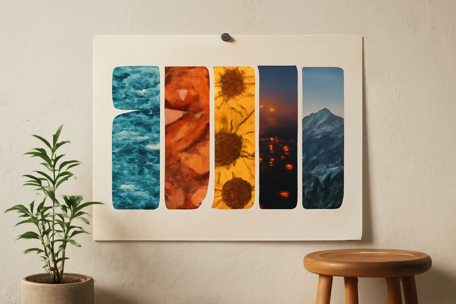A poster of thick block letter shapes, each filled with a different photograph