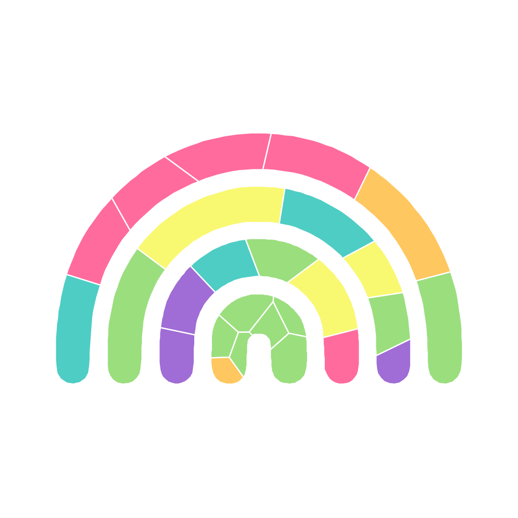 Rainbow mosaic sticker made of 26 colored pieces in a rainbow palette, an easy design for younger children