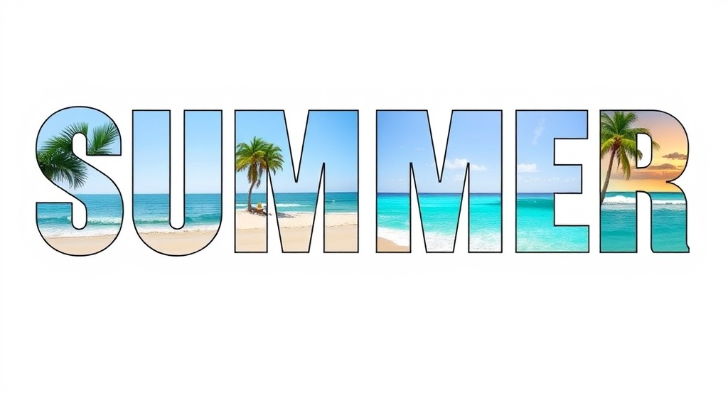 The word SUMMER where each letter is filled with a different beach photo