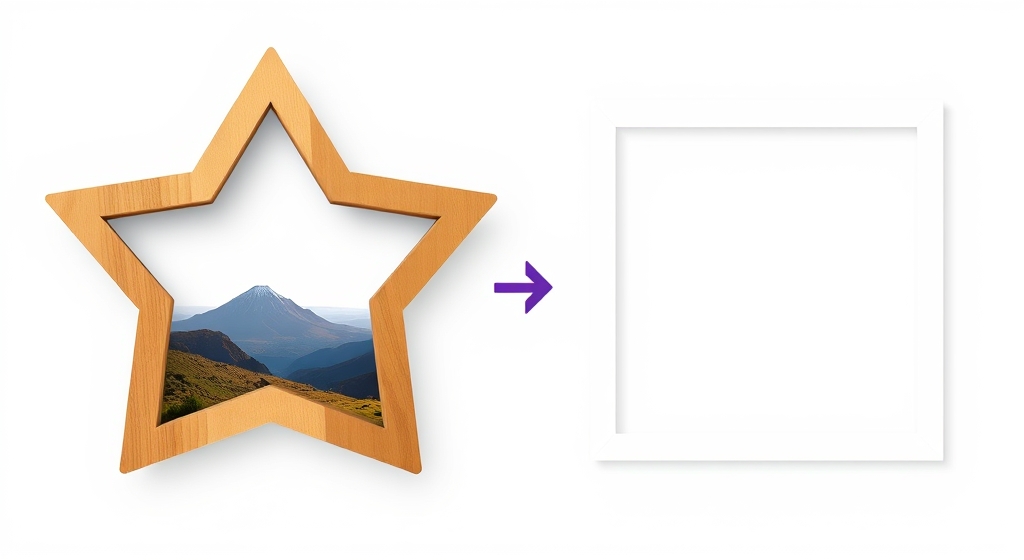 A star-shaped frame filled with a landscape photo next to a plain PNG being converted into a frame