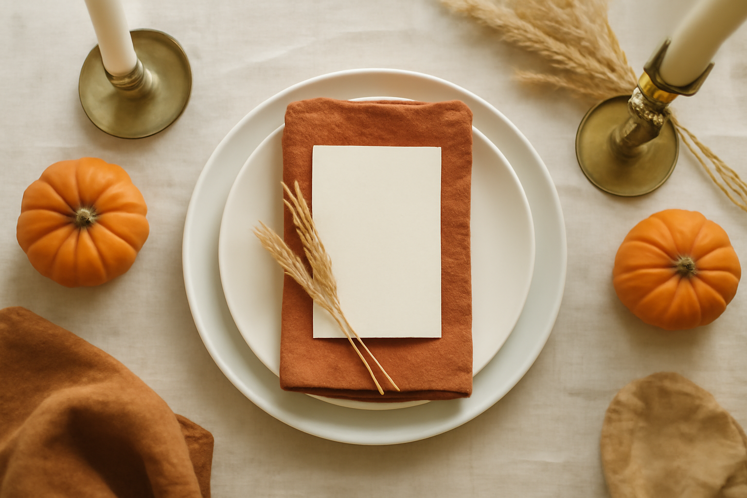 A styled Thanksgiving table setting — cream linen, stacked plates, rust napkins, blank cards, dried wheat and small pumpkins