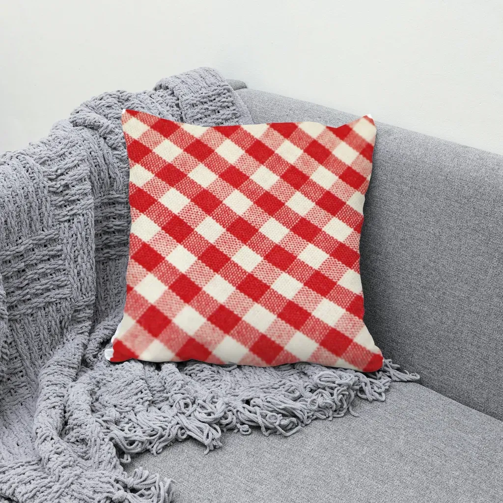 MockupPress render: gingham check pattern on a throw pillow, the pattern follows the cushion curves