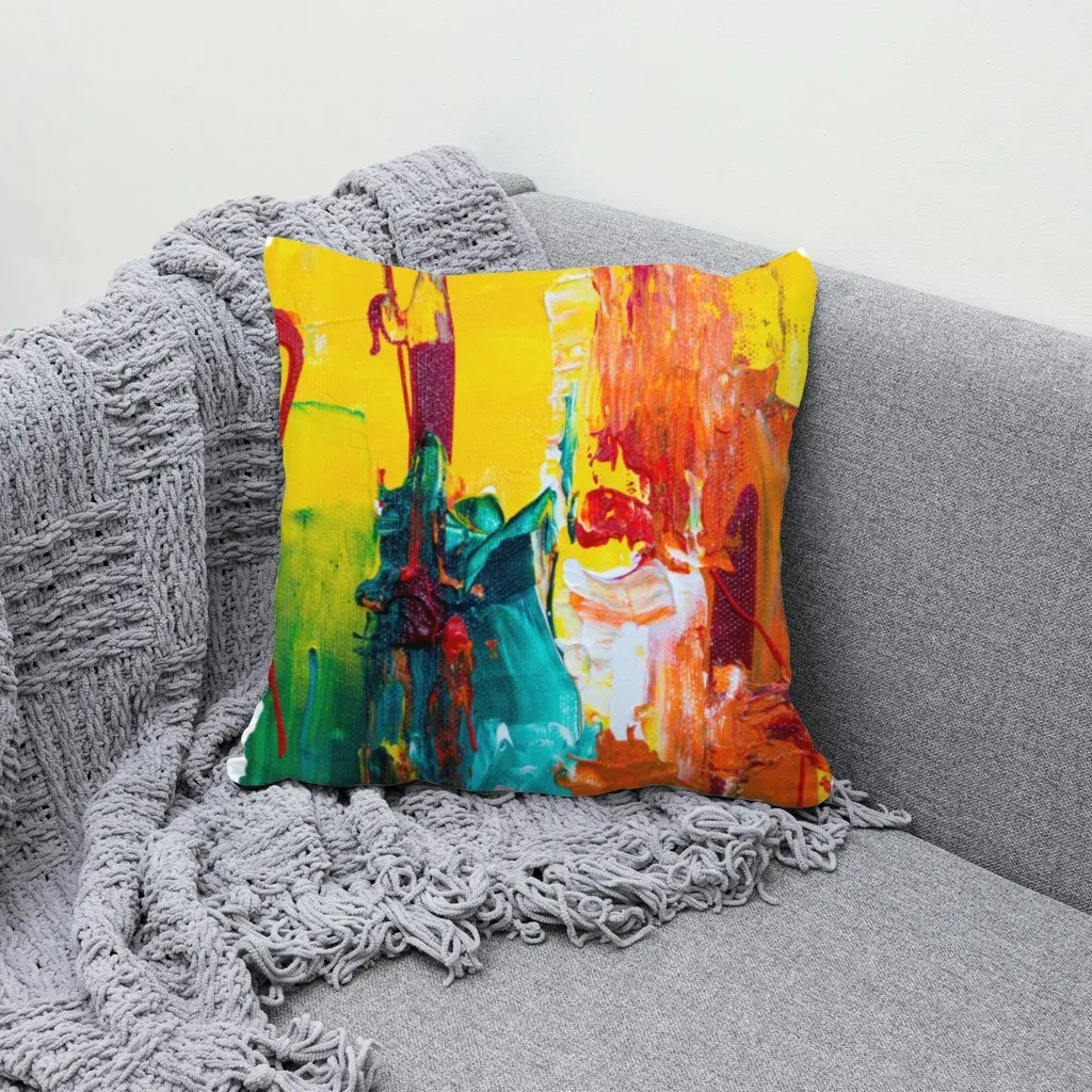 MockupPress render: abstract painting print on a sofa pillow