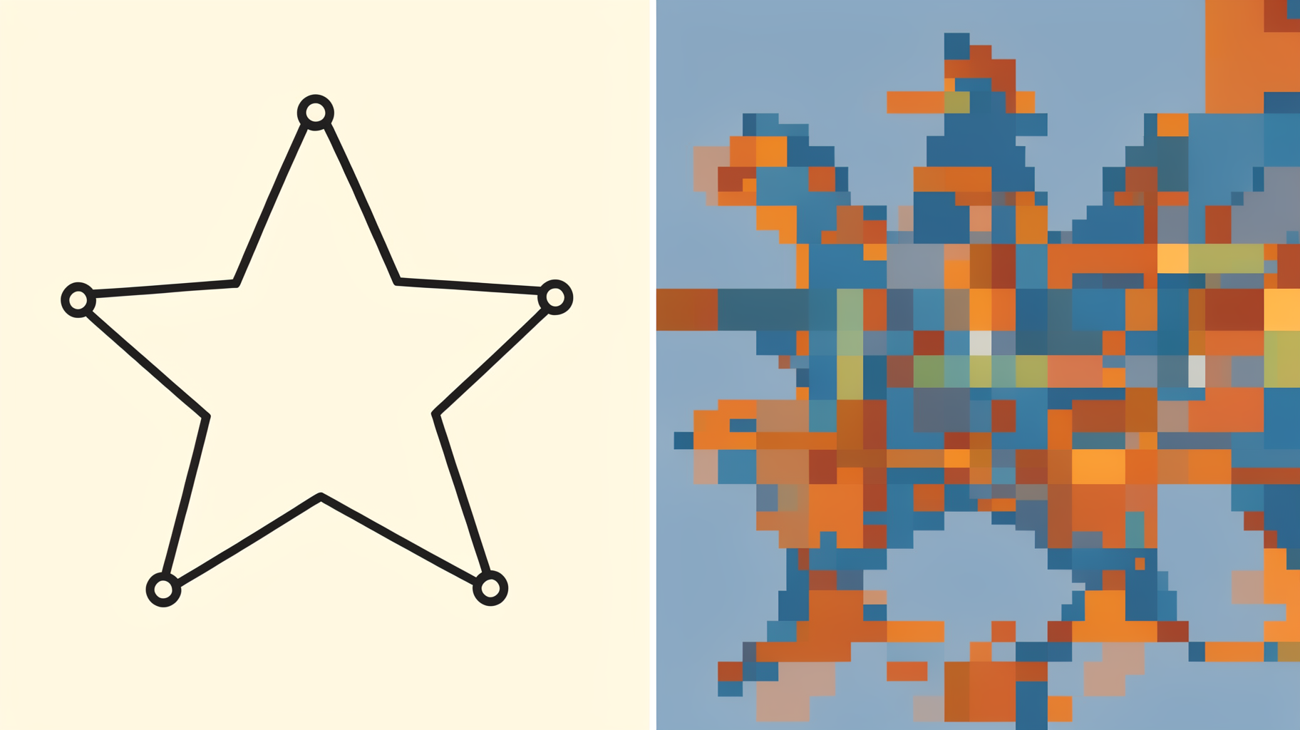 A vector star made of clean lines and anchor points next to the same star zoomed in so far it dissolves into a blocky grid of colored pixels