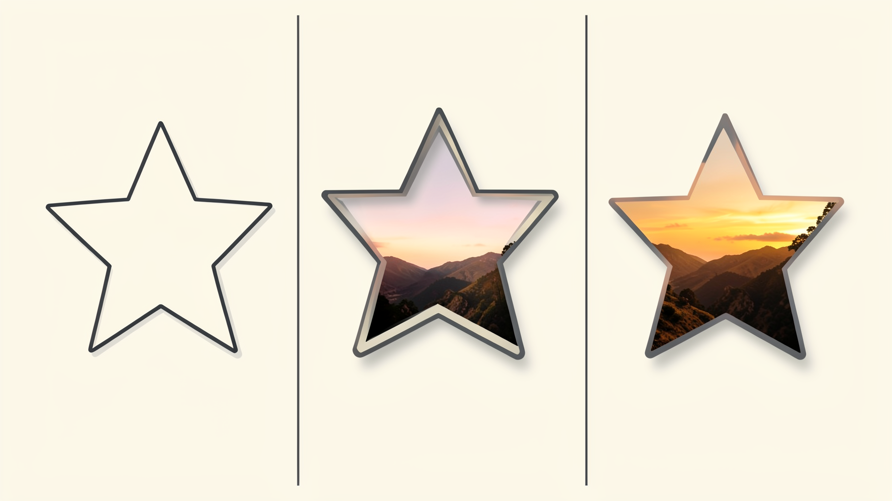A three-panel illustration showing a vector star outline, the same star as an empty frame, and the frame filled with a raster sunset photograph