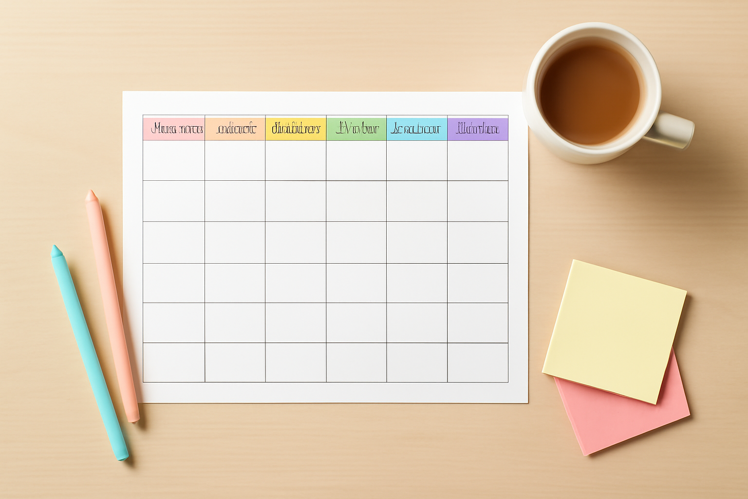 A printed weekly schedule with pastel day headers, pens and sticky notes on a desk