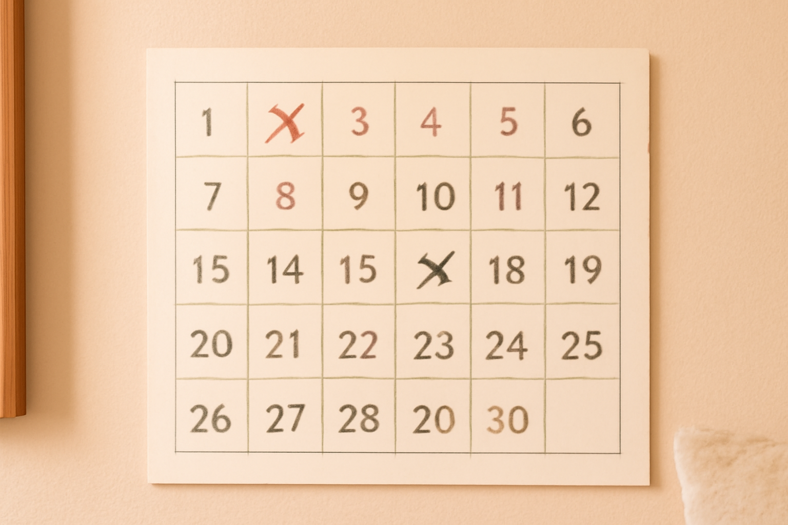 A wall countdown calendar with some days crossed off