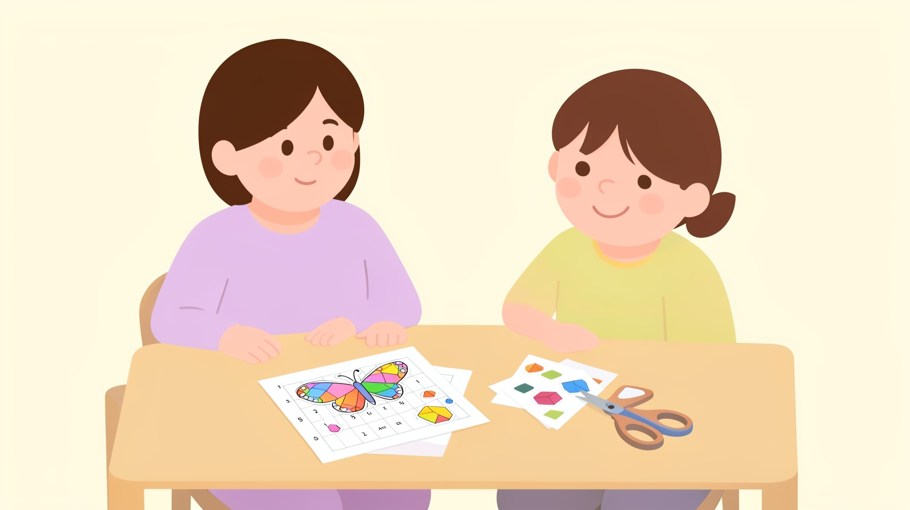 A parent and child at a table with a printed numbered mosaic sheet and a sheet of colored sticker pieces