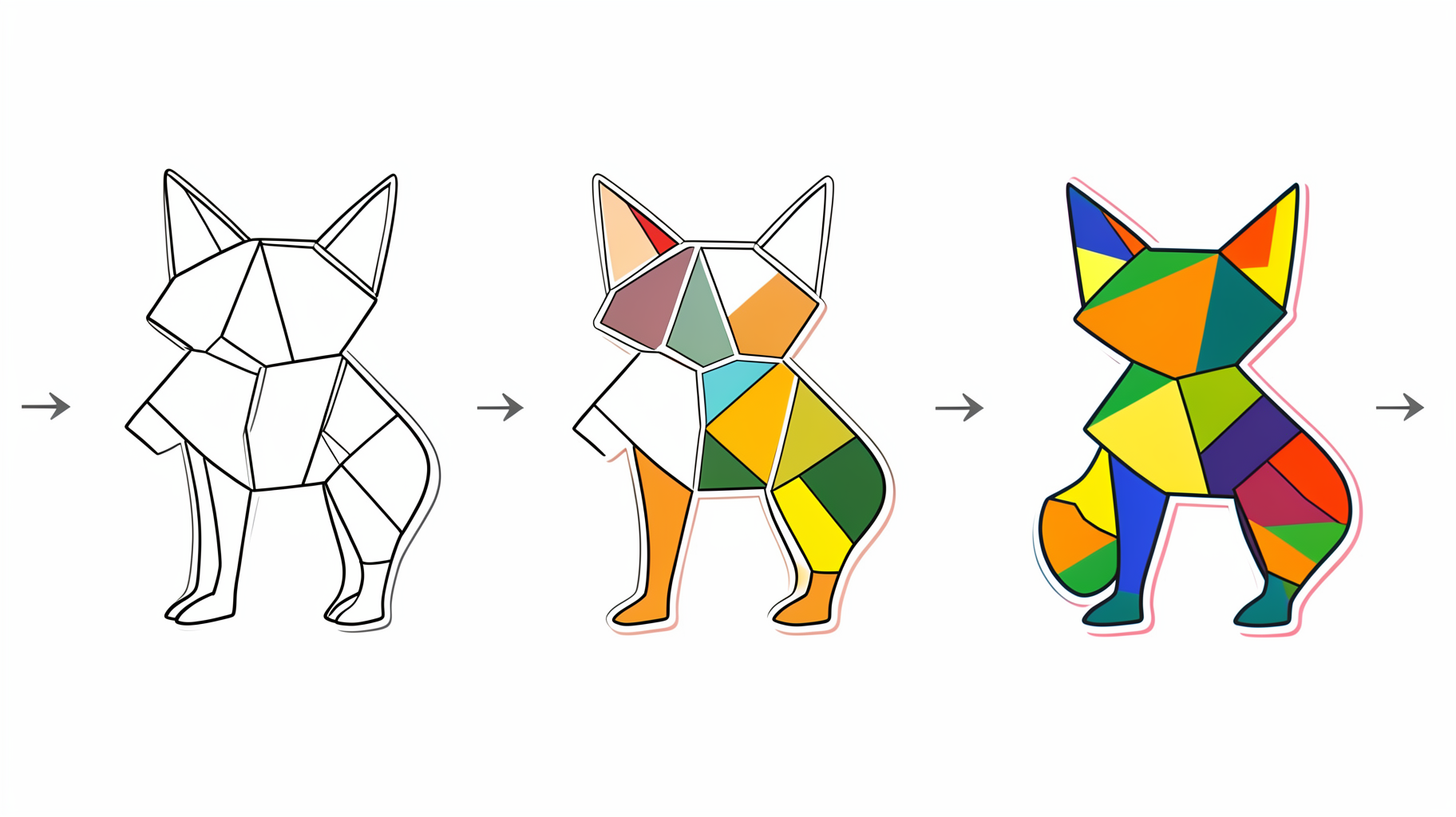 Three stages of a mosaic fox: numbered outline, partly filled, fully filled with colored pieces