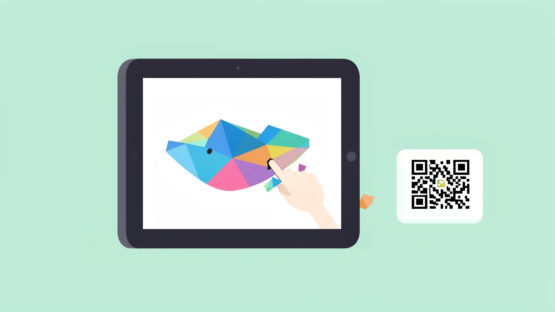A tablet showing a half-finished mosaic whale being filled by dragging pieces, next to a QR code card