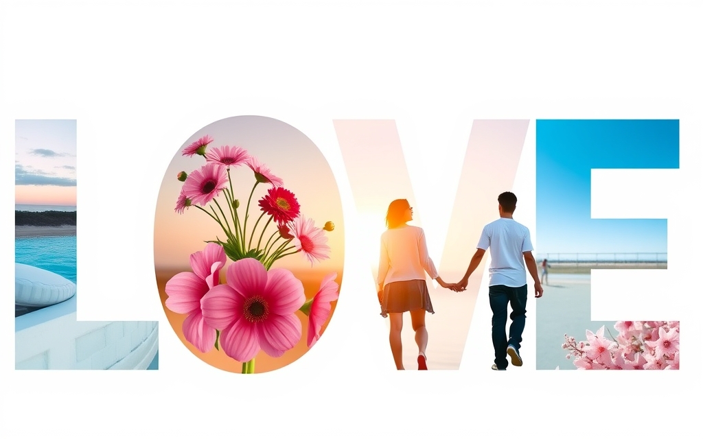 The word LOVE with each letter filled by a different photo