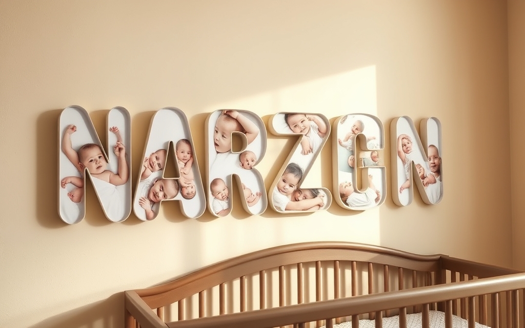 A nursery wall name sign where each letter holds a different baby photo