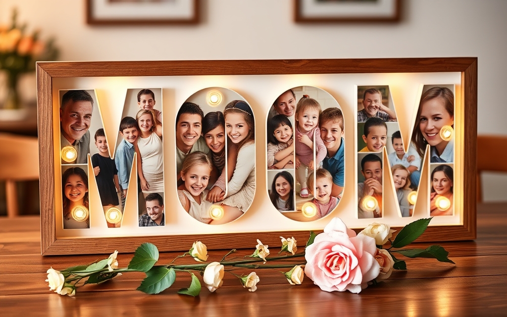 A framed MOM gift where each letter is filled with family photos
