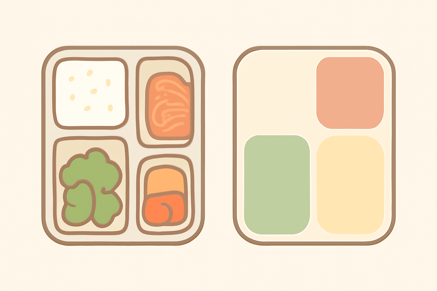 A bento lunch box next to an abstract rounded-tile grid with the same layout
