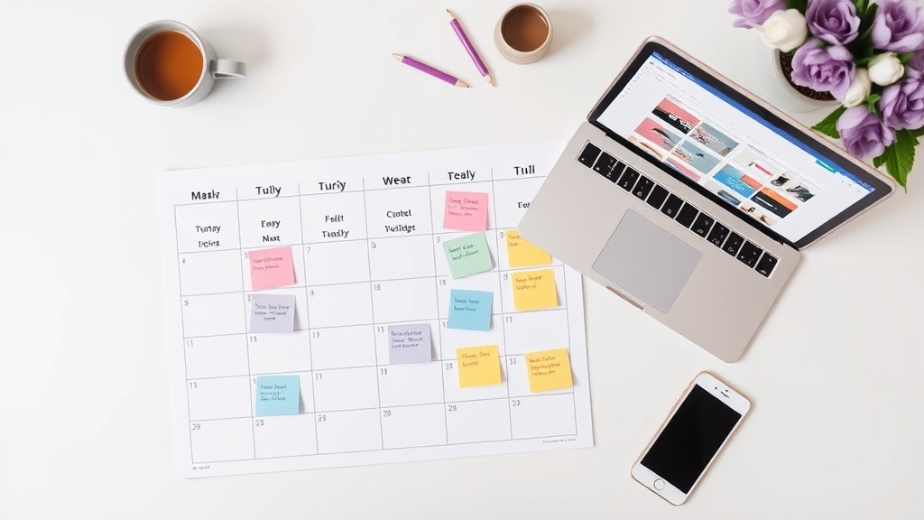 A monthly content calendar planner with color-coded sticky notes next to a laptop showing a design editor