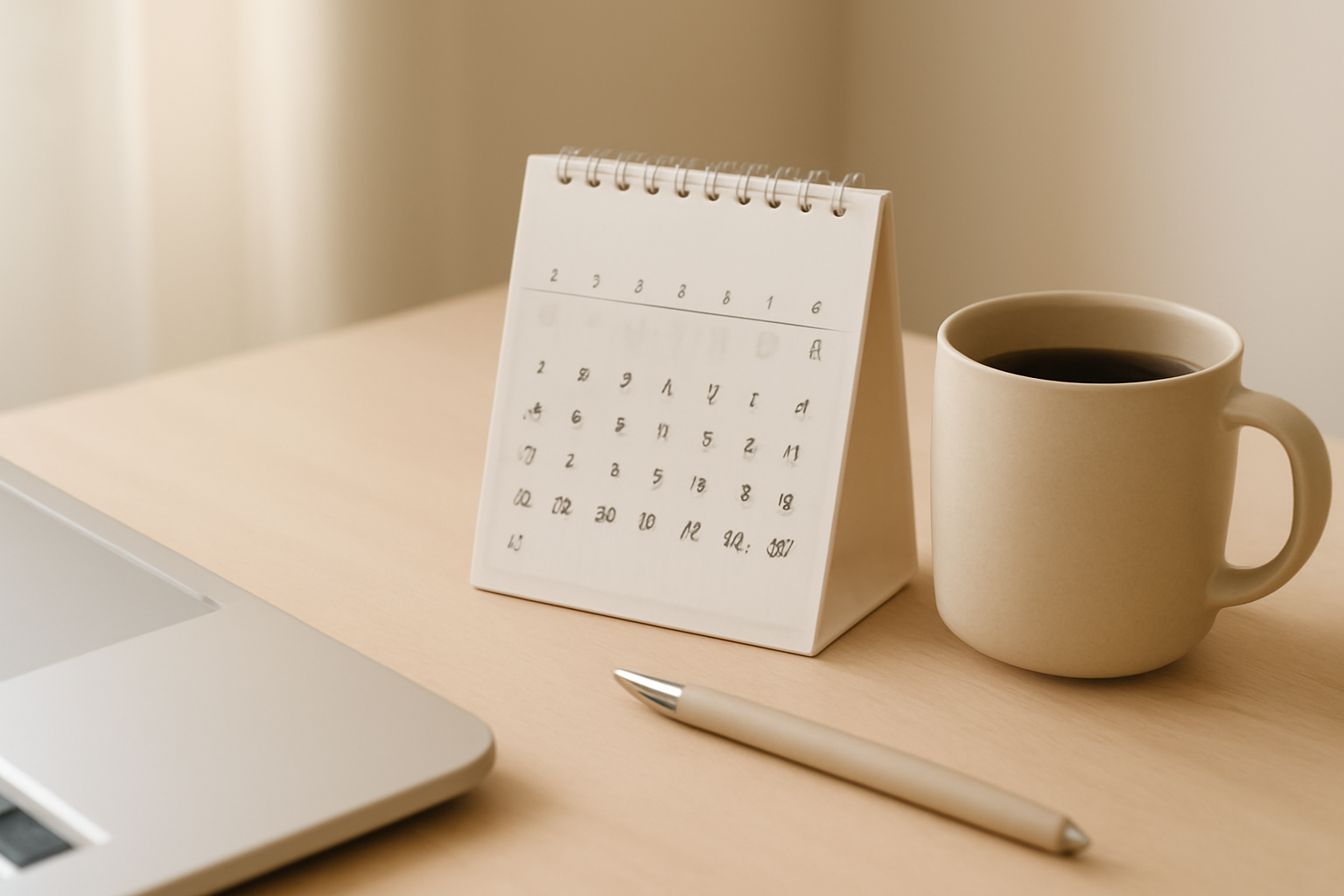 A small tent-style desk calendar on a wooden desk next to a laptop, mug and pen