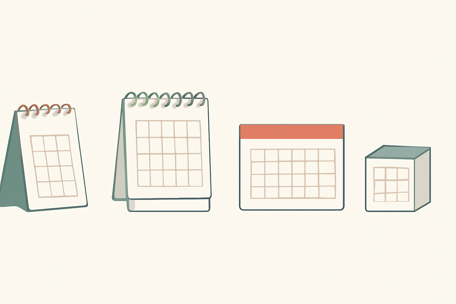 Four desk calendar formats side by side: tent, flip, desk pad and cube
