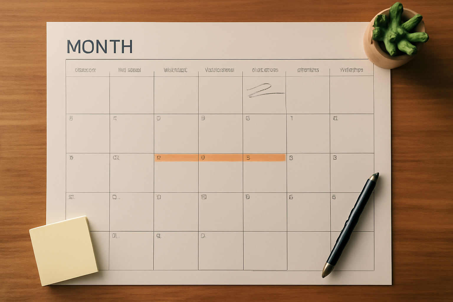 A large desk pad calendar seen from above, with a wide month grid, sticky notes and a pen