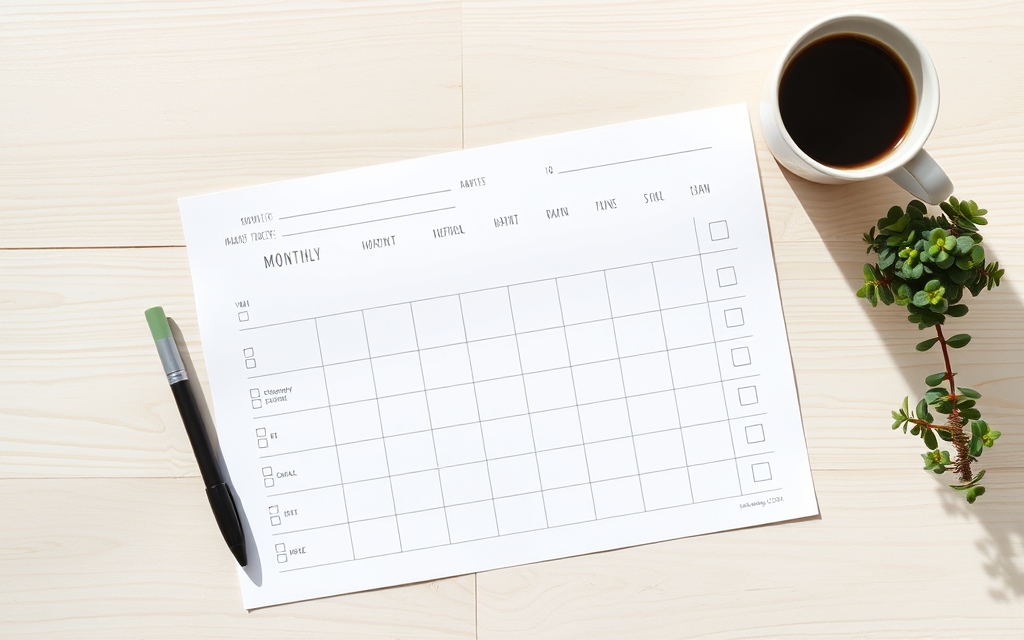 Printable monthly habit tracker sheet on a wooden desk with a pen and coffee