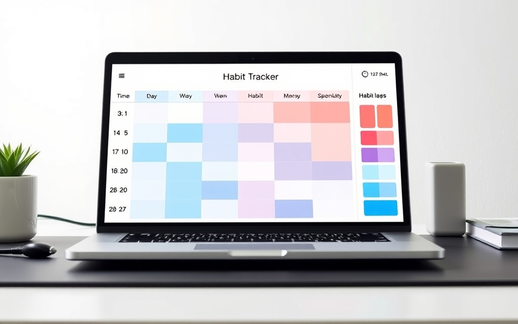 Habit tracker grid with coloured streak blocks shown on a laptop screen