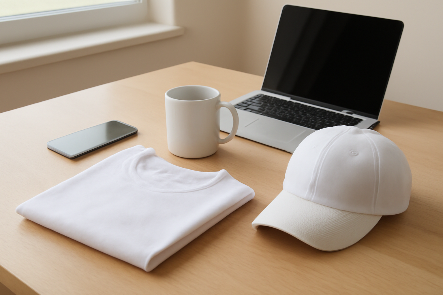 A plain white t-shirt, mug and cap on a desk next to a laptop
