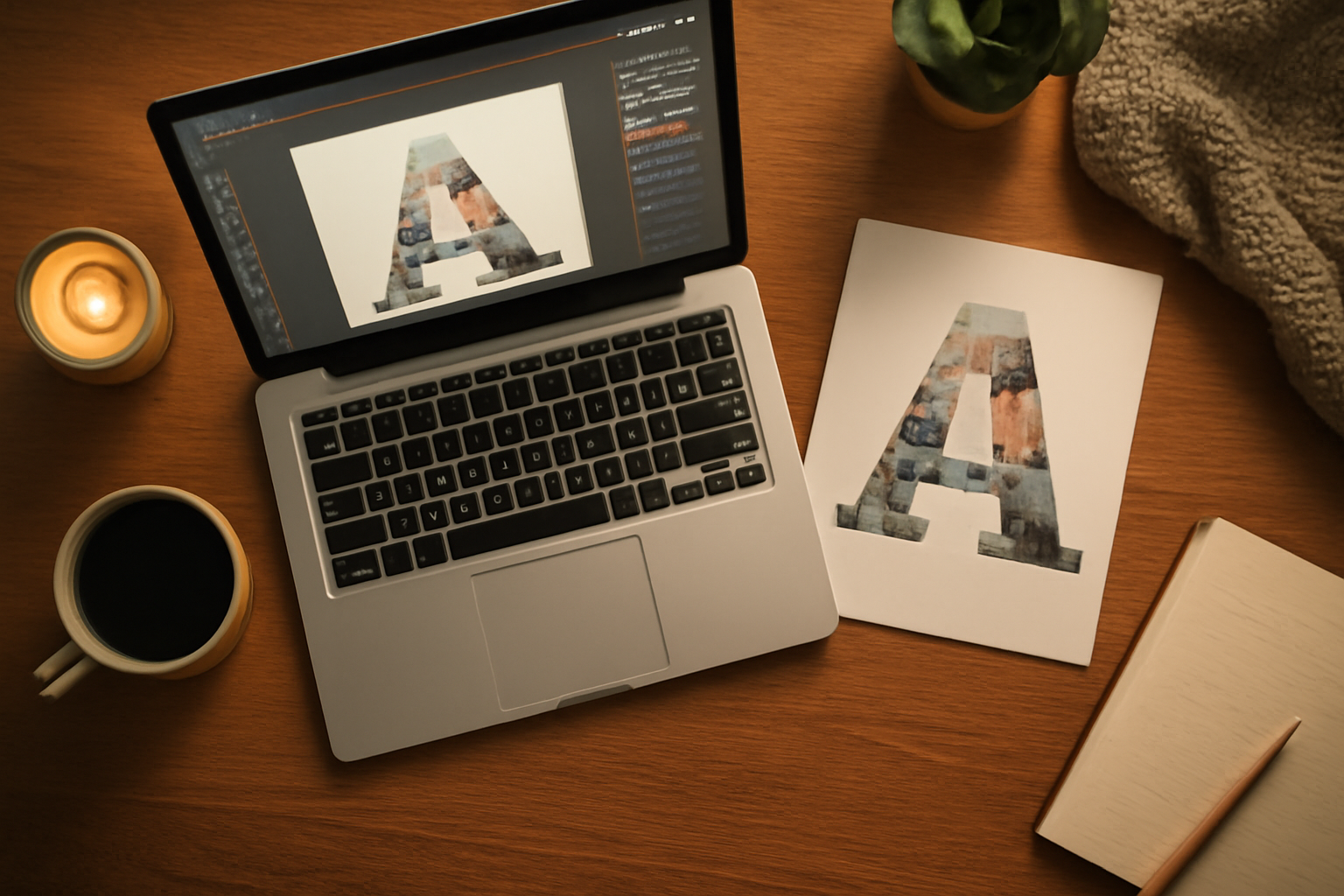 Designing a letter monogram on a laptop and printing it as a card