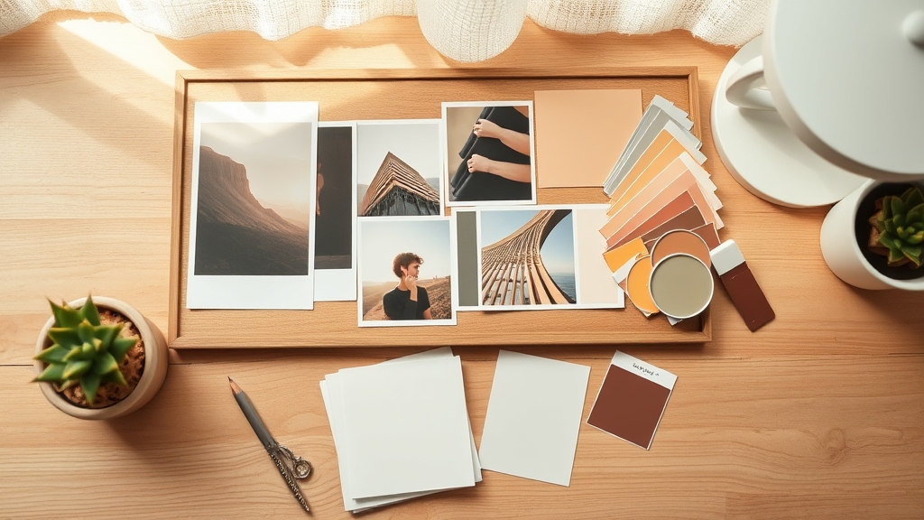 A printed mood board on a desk with photo swatches, fabric samples and paint chips in warm neutral tones