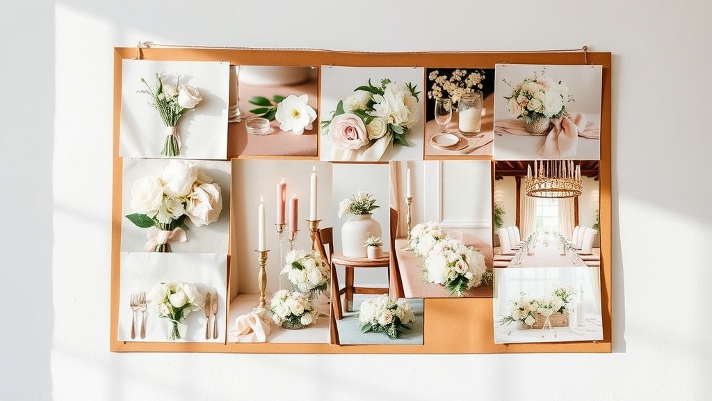 A wedding mood board pinned to a wall with photos of white florals, candlelit table settings and blush stationery