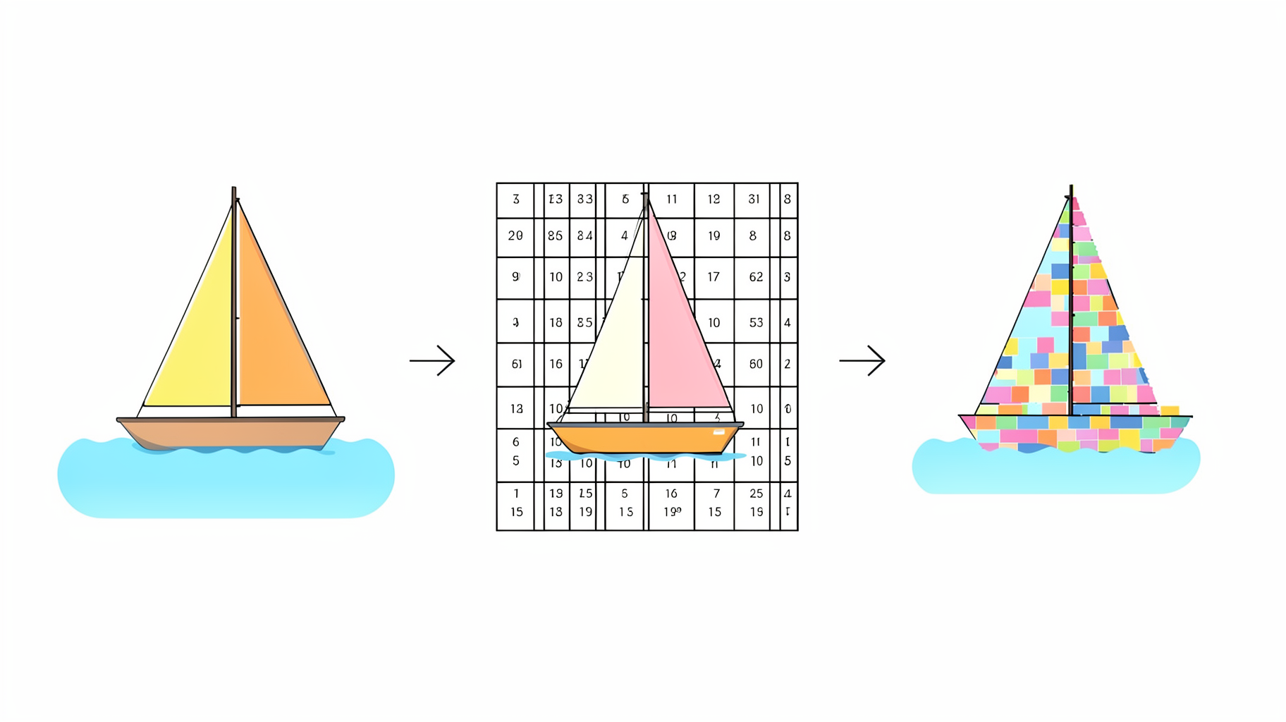 Three panels showing a sailboat illustration, then the same sailboat as a numbered grid, then the sailboat rebuilt from colored square stickers