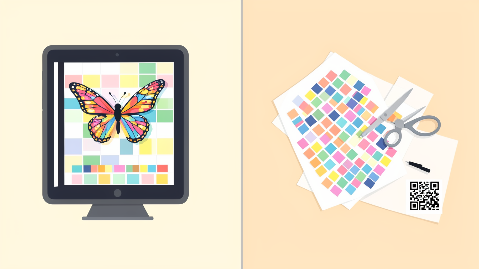 Split illustration: a tablet showing a butterfly mosaic being filled in with colored squares, and a printed mosaic sticker sheet with a QR code beside scissors