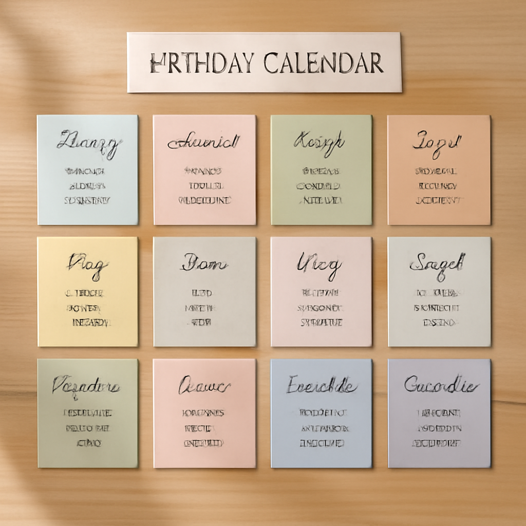 A handmade perpetual birthday calendar laid out as twelve monthly cards