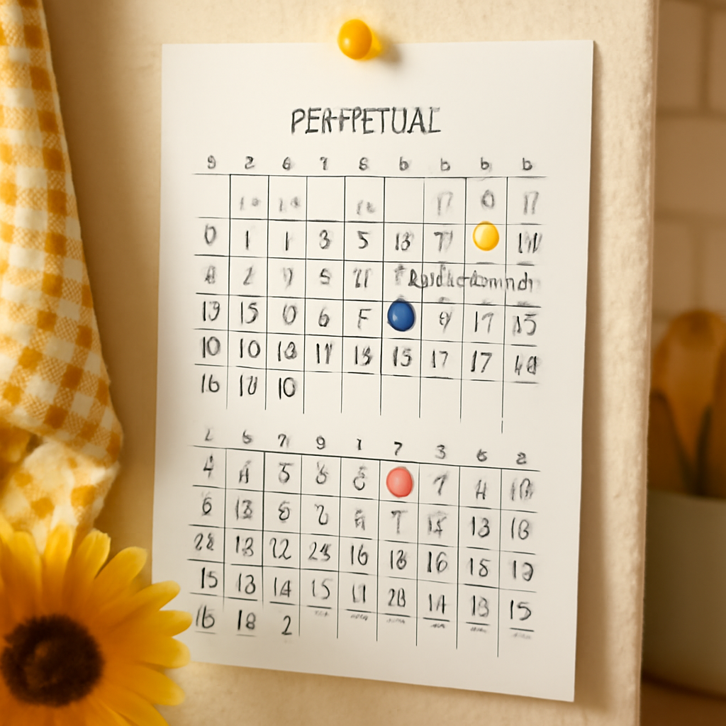 A printed perpetual calendar pinned on a kitchen wall with colored markers