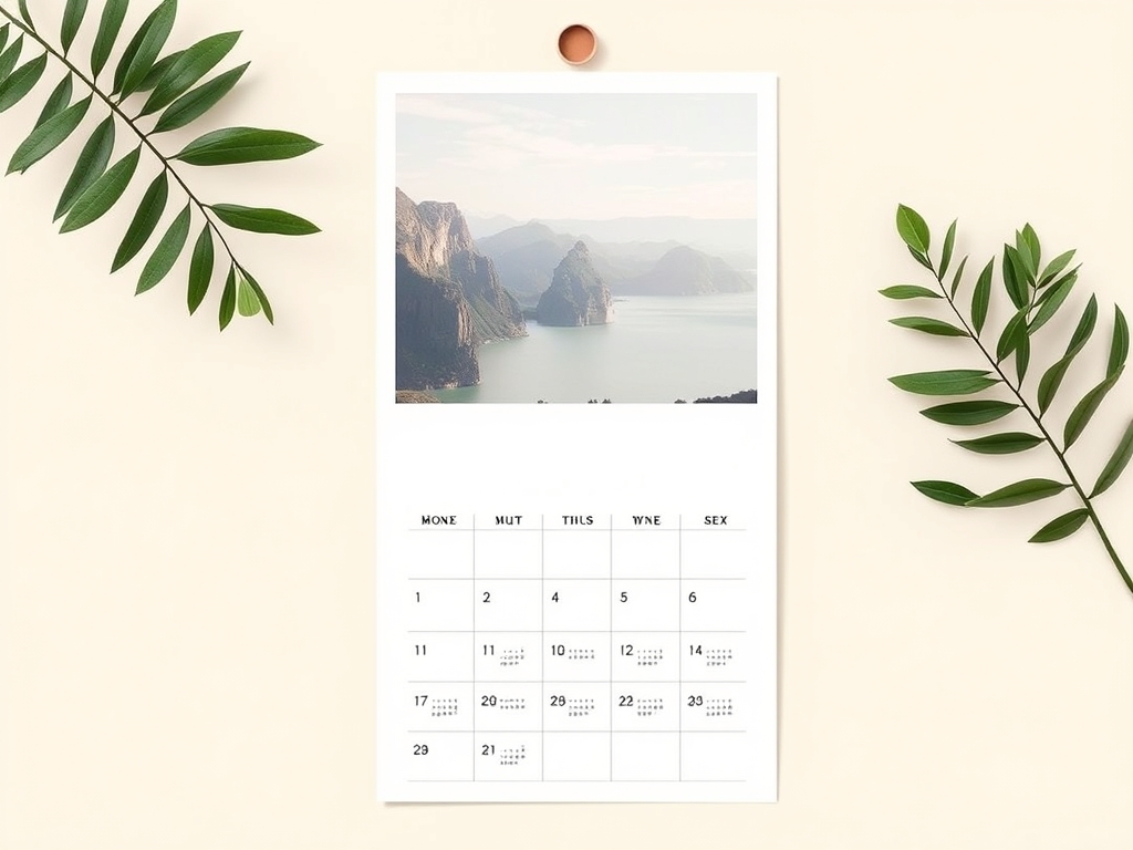 Printable photo wall calendar page with a landscape photo above a month grid